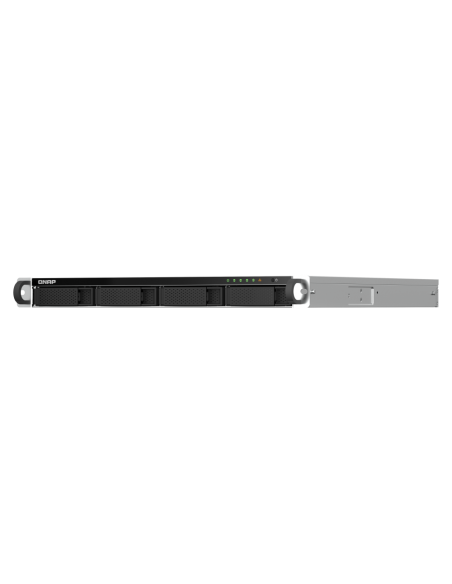 QNAP 1U 4-bay rackmount NAS, quad-core CPU, 8GB RAM, 4x3.5/2.5 SATA bays, 2.5GbE, PCIe slot, HDMI, USB.