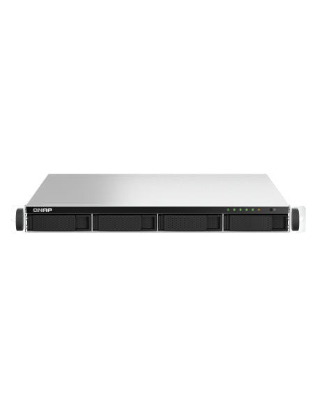 QNAP 1U 4-bay rackmount NAS, quad-core CPU, 8GB RAM, 4x3.5/2.5 SATA bays, 2.5GbE, PCIe slot, HDMI, USB.
