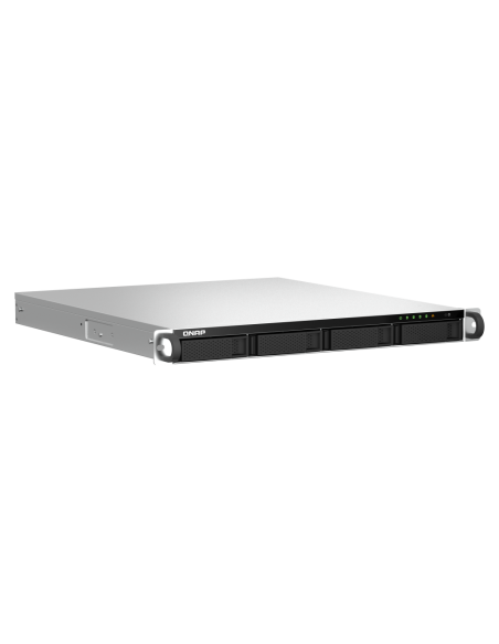QNAP 1U 4-bay rackmount NAS, quad-core CPU, 8GB RAM, 4x3.5/2.5 SATA bays, 2.5GbE, PCIe slot, HDMI, USB.