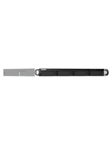 QNAP 1U 4-bay rackmount NAS, quad-core CPU, 8GB RAM, 4x3.5/2.5 SATA bays, 2.5GbE, PCIe slot, HDMI, USB.