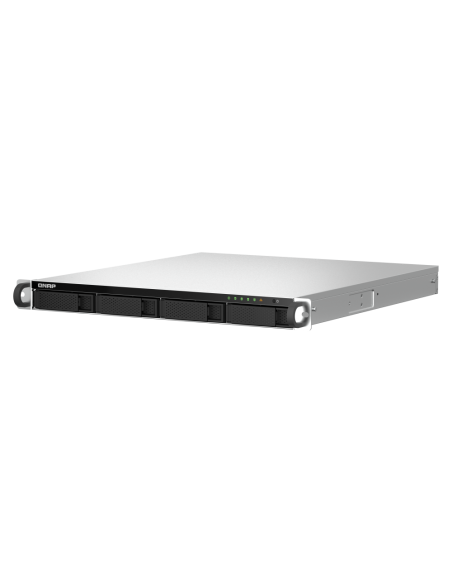 QNAP 1U 4-bay rackmount NAS, quad-core CPU, 8GB RAM, 4x3.5/2.5 SATA bays, 2.5GbE, PCIe slot, HDMI, USB.