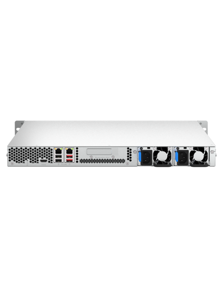QNAP 1U 4-bay rackmount NAS, quad-core CPU, 8GB RAM, 4x3.5/2.5 SATA bays, 2.5GbE, PCIe slot, HDMI, USB.