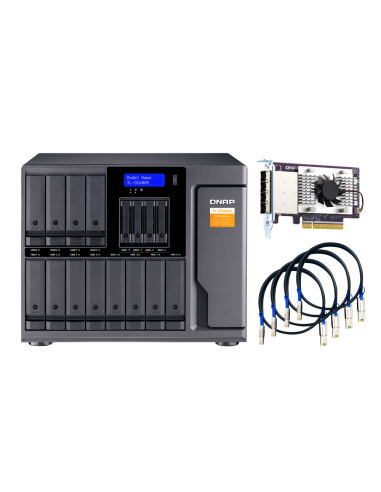 QNAP 16-bay desktop SATA JBOD, with QXP-1600eS PCIe card and SAS/SATA cables.