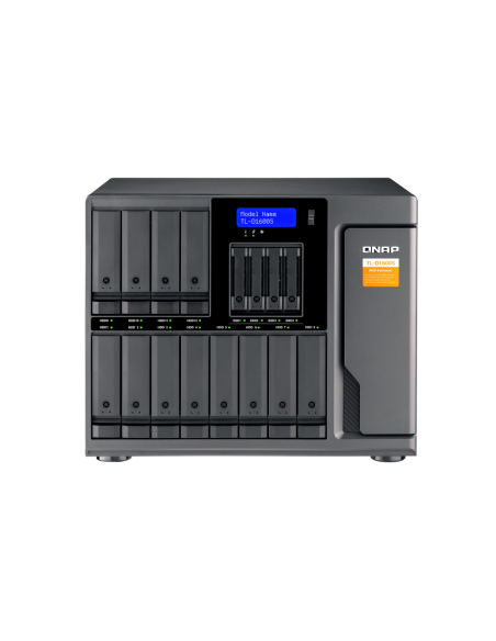 QNAP 16-bay desktop SATA JBOD, with QXP-1600eS PCIe card and SAS/SATA cables.