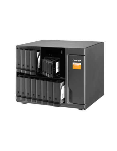 QNAP 16-bay desktop SATA JBOD, with QXP-1600eS PCIe card and SAS/SATA cables.