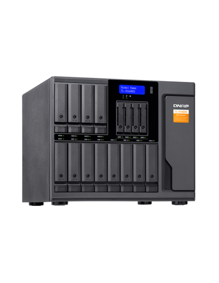 QNAP 16-bay desktop SATA JBOD, with QXP-1600eS PCIe card and SAS/SATA cables.