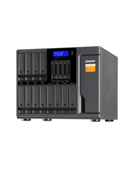 QNAP 16-bay desktop SATA JBOD, with QXP-1600eS PCIe card and SAS/SATA cables.