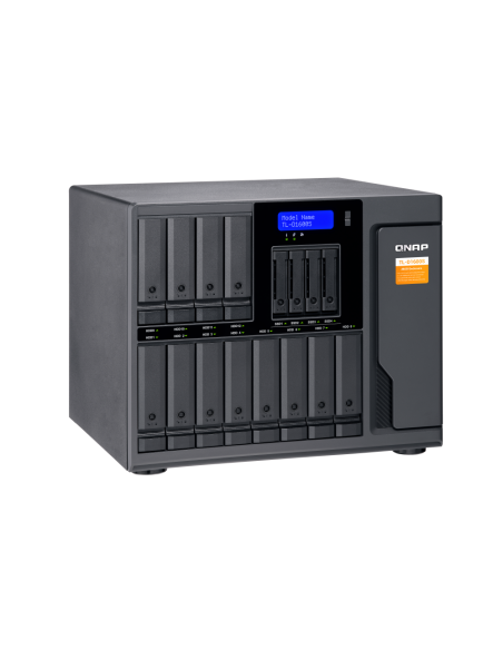 QNAP 16-bay desktop SATA JBOD, with QXP-1600eS PCIe card and SAS/SATA cables.