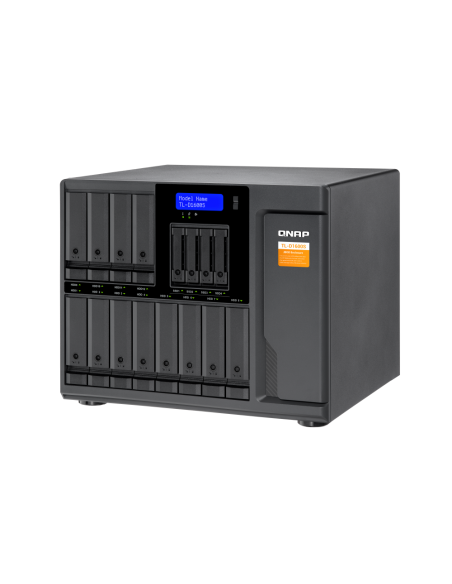 QNAP 16-bay desktop SATA JBOD, with QXP-1600eS PCIe card and SAS/SATA cables.