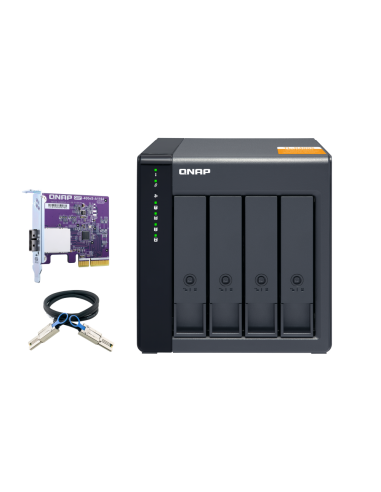 QNAP 4-bay desktop SATA JBOD, with QXP-400eS-A1164 PCIe card and SAS/SATA cable.