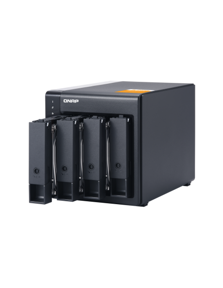 QNAP 4-bay desktop SATA JBOD, with QXP-400eS-A1164 PCIe card and SAS/SATA cable.