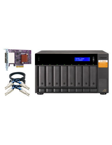 QNAP 8-bay desktop SATA JBOD, with QXP-800eS-A1164 PCIe card and SAS/SATA cables.