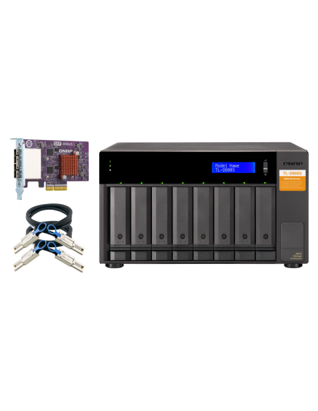 QNAP 8-bay desktop SATA JBOD, with QXP-800eS-A1164 PCIe card and SAS/SATA cables.