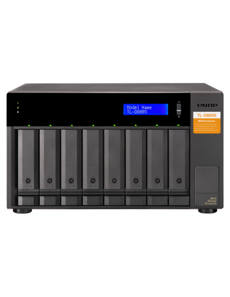 QNAP 8-bay desktop SATA JBOD, with QXP-800eS-A1164 PCIe card and SAS/SATA cables.
