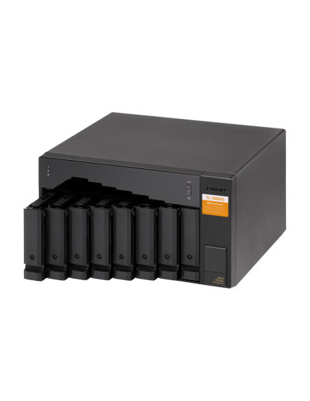 QNAP 8-bay desktop SATA JBOD, with QXP-800eS-A1164 PCIe card and SAS/SATA cables.