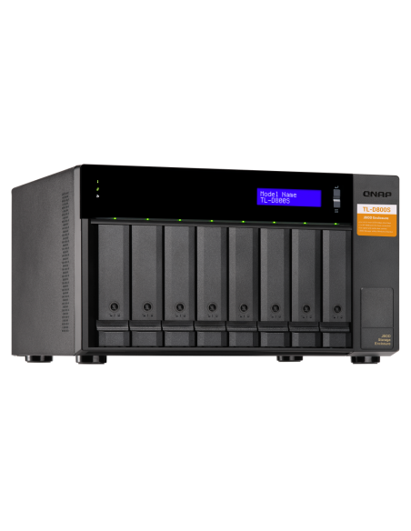 QNAP 8-bay desktop SATA JBOD, with QXP-800eS-A1164 PCIe card and SAS/SATA cables.