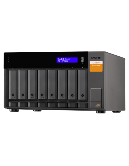 QNAP 8-bay desktop SATA JBOD, with QXP-800eS-A1164 PCIe card and SAS/SATA cables.