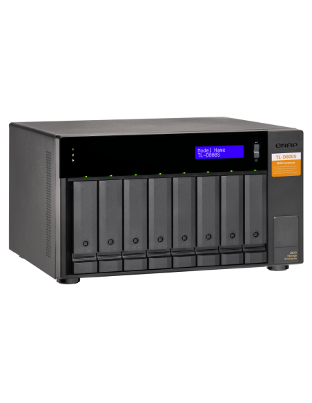QNAP 8-bay desktop SATA JBOD, with QXP-800eS-A1164 PCIe card and SAS/SATA cables.