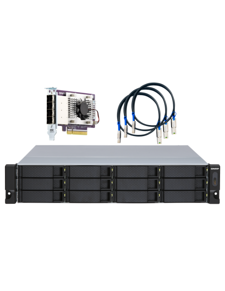 QNAP 12-bay 2U rackmount SATA JBOD, redundant PSU, with QXP-1600eS PCIe card and SAS/SATA cables.