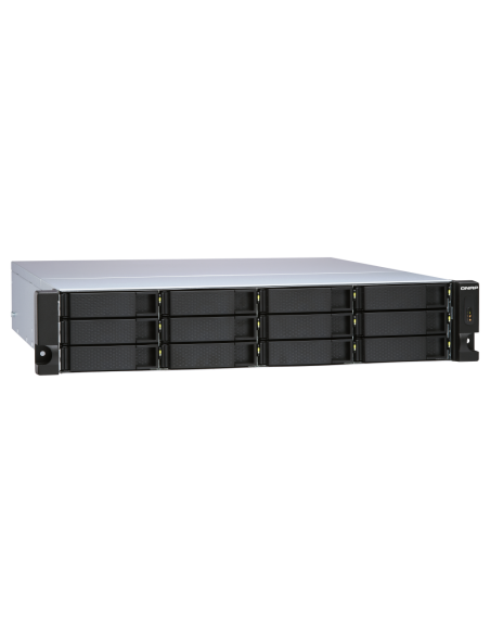 QNAP 12-bay 2U rackmount SATA JBOD, redundant PSU, with QXP-1600eS PCIe card and SAS/SATA cables.
