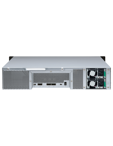 QNAP 12-bay 2U rackmount SATA JBOD, redundant PSU, with QXP-1600eS PCIe card and SAS/SATA cables.