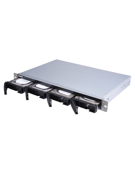 QNAP 4-bay 1U rackmount SATA JBOD, with QXP-400eS-A1164 PCIe card and SAS/SATA cable.