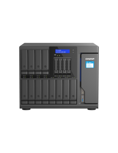 QNAP 16-Bay NAS, Intel Atom 8-core processor, 8GB RAM, 20x SATA bays, 2x M.2 slots, 2x 2.5GbE, USB ports, PCIe slots, 550W PSU.