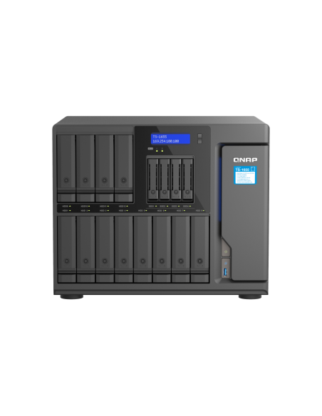 QNAP 16-Bay NAS, Intel Atom 8-core processor, 8GB RAM, 20x SATA bays, 2x M.2 slots, 2x 2.5GbE, USB ports, PCIe slots, 550W PSU.