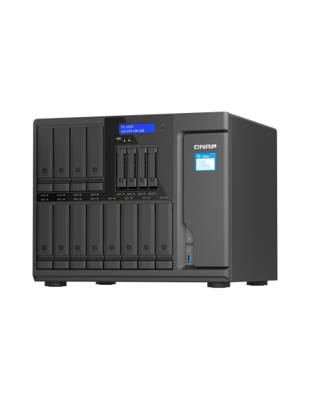 QNAP 16-Bay NAS, Intel Atom 8-core processor, 8GB RAM, 20x SATA bays, 2x M.2 slots, 2x 2.5GbE, USB ports, PCIe slots, 550W PSU.