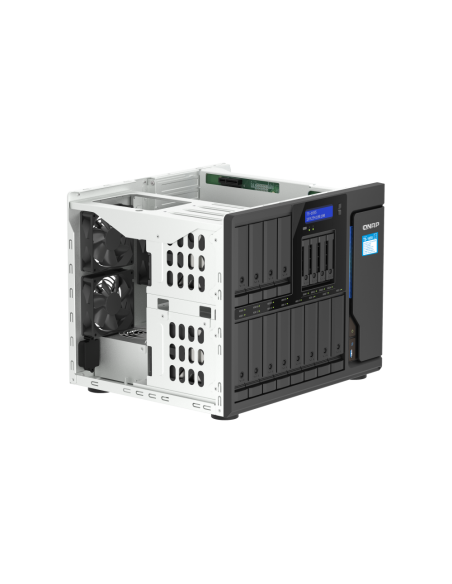 QNAP 16-Bay NAS, Intel Atom 8-core processor, 8GB RAM, 20x SATA bays, 2x M.2 slots, 2x 2.5GbE, USB ports, PCIe slots, 550W PSU.