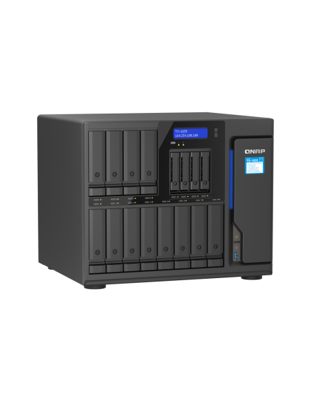 QNAP 16-Bay NAS, Intel Atom 8-core processor, 8GB RAM, 20x SATA bays, 2x M.2 slots, 2x 2.5GbE, USB ports, PCIe slots, 550W PSU.