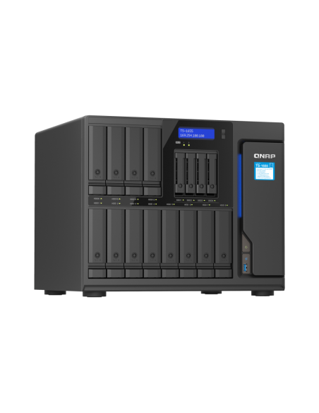 QNAP 16-Bay NAS, Intel Atom 8-core processor, 8GB RAM, 20x SATA bays, 2x M.2 slots, 2x 2.5GbE, USB ports, PCIe slots, 550W PSU.