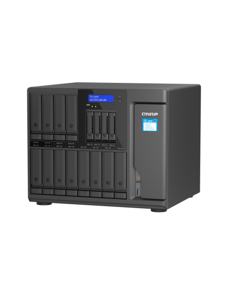QNAP 16-Bay NAS, Intel Atom 8-core processor, 8GB RAM, 20x SATA bays, 2x M.2 slots, 2x 2.5GbE, USB ports, PCIe slots, 550W PSU.
