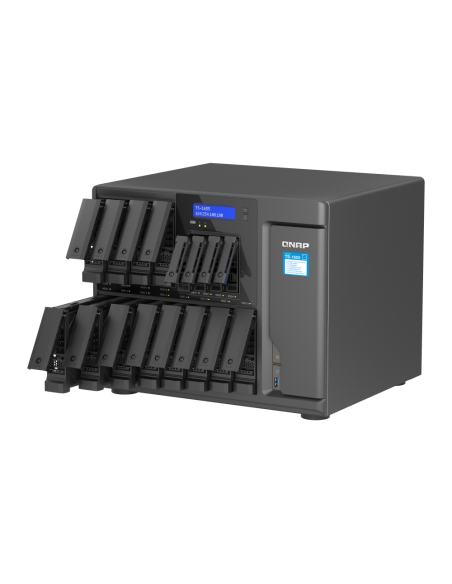 QNAP 16-Bay NAS, Intel Atom 8-core processor, 8GB RAM, 20x SATA bays, 2x M.2 slots, 2x 2.5GbE, USB ports, PCIe slots, 550W PSU.