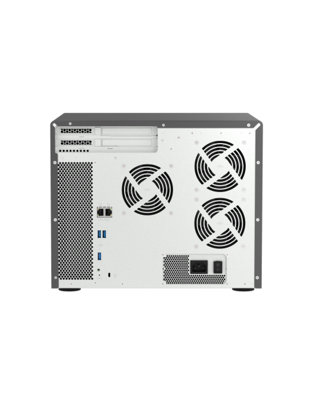 QNAP 16-Bay NAS, Intel Atom 8-core processor, 8GB RAM, 20x SATA bays, 2x M.2 slots, 2x 2.5GbE, USB ports, PCIe slots, 550W PSU.