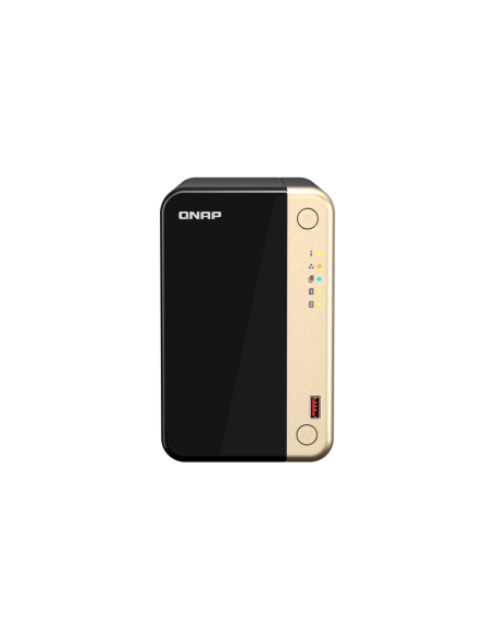 QNAP 2-Bay desktop NAS, Intel Celeron quad-core, 8GB RAM, 2x SATA bays, 2x M.2 slots, 2x 2.5GbE, HDMI, PCIe slot, USB ports.