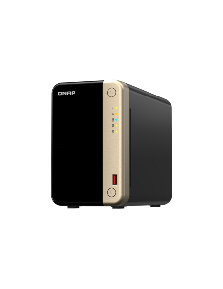 QNAP 2-Bay desktop NAS, Intel Celeron quad-core, 8GB RAM, 2x SATA bays, 2x M.2 slots, 2x 2.5GbE, HDMI, PCIe slot, USB ports.