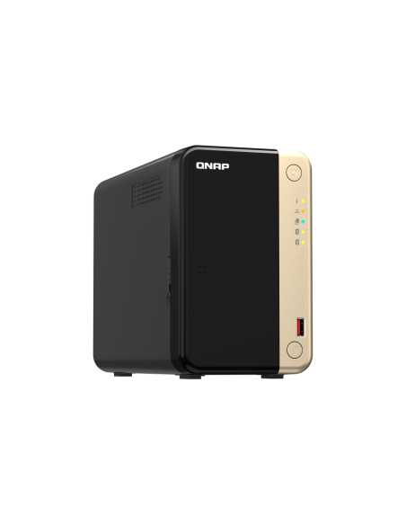 QNAP 2-Bay desktop NAS, Intel Celeron quad-core, 8GB RAM, 2x SATA bays, 2x M.2 slots, 2x 2.5GbE, HDMI, PCIe slot, USB ports.