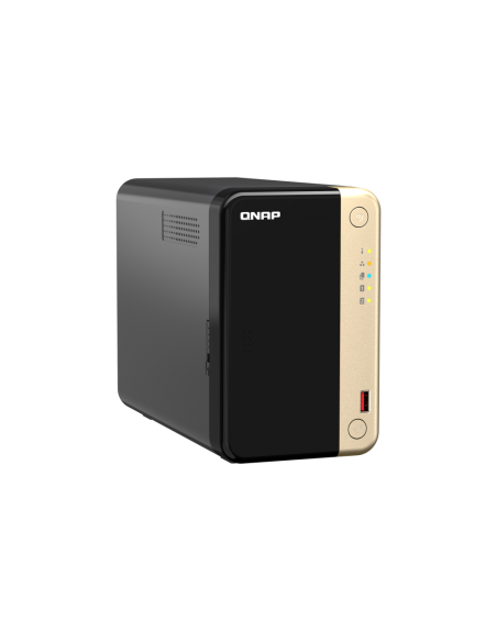 QNAP 2-Bay desktop NAS, Intel Celeron quad-core, 8GB RAM, 2x SATA bays, 2x M.2 slots, 2x 2.5GbE, HDMI, PCIe slot, USB ports.