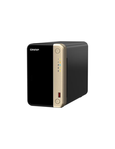 QNAP 2-Bay desktop NAS, Intel Celeron quad-core, 8GB RAM, 2x SATA bays, 2x M.2 slots, 2x 2.5GbE, HDMI, PCIe slot, USB ports.