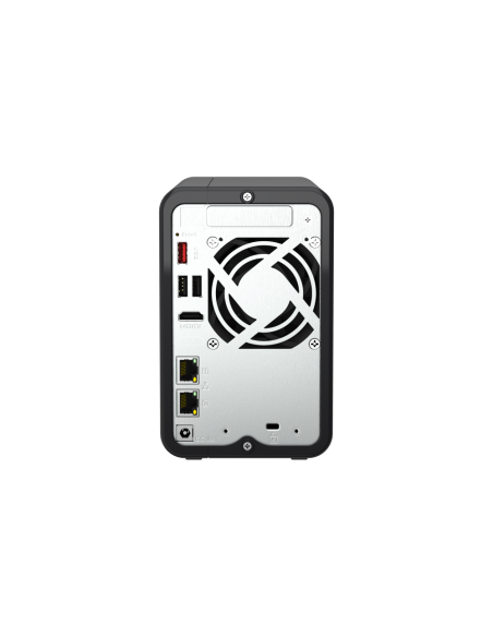 QNAP 2-Bay desktop NAS, Intel Celeron quad-core, 8GB RAM, 2x SATA bays, 2x M.2 slots, 2x 2.5GbE, HDMI, PCIe slot, USB ports.