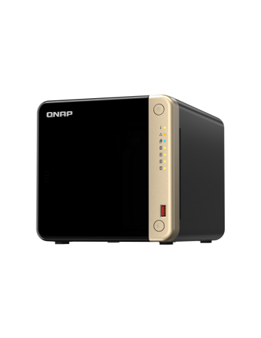 QNAP 4-Bay desktop NAS, Intel Celeron quad-core, 8GB RAM, 4x SATA bays, 2x M.2 slots, 2x 2.5GbE, HDMI, PCIe slot, USB ports.