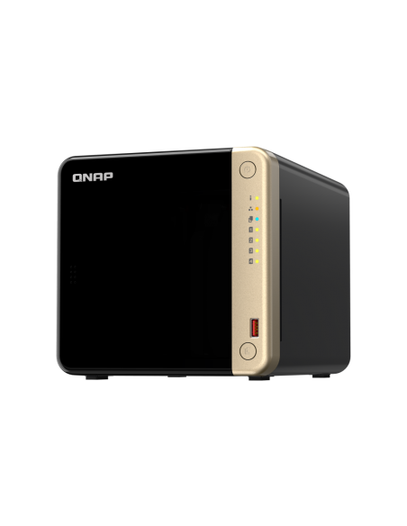 QNAP 4-Bay desktop NAS, Intel Celeron quad-core, 8GB RAM, 4x SATA bays, 2x M.2 slots, 2x 2.5GbE, HDMI, PCIe slot, USB ports.