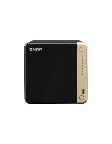 QNAP 4-Bay desktop NAS, Intel Celeron quad-core, 8GB RAM, 4x SATA bays, 2x M.2 slots, 2x 2.5GbE, HDMI, PCIe slot, USB ports.