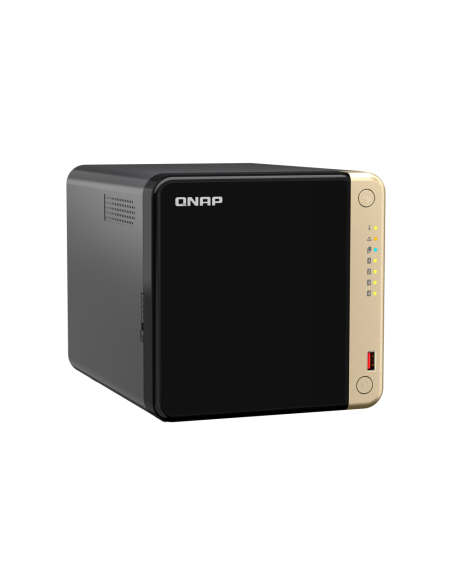 QNAP 4-Bay desktop NAS, Intel Celeron quad-core, 8GB RAM, 4x SATA bays, 2x M.2 slots, 2x 2.5GbE, HDMI, PCIe slot, USB ports.