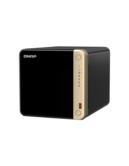 QNAP 4-Bay desktop NAS, Intel Celeron quad-core, 8GB RAM, 4x SATA bays, 2x M.2 slots, 2x 2.5GbE, HDMI, PCIe slot, USB ports.