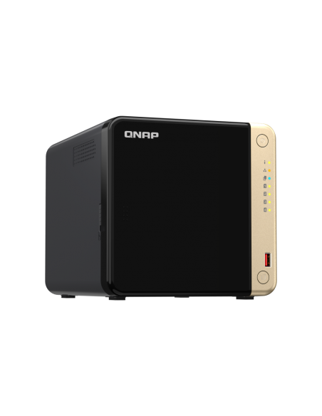 QNAP 4-Bay desktop NAS, Intel Celeron quad-core, 8GB RAM, 4x SATA bays, 2x M.2 slots, 2x 2.5GbE, HDMI, PCIe slot, USB ports.