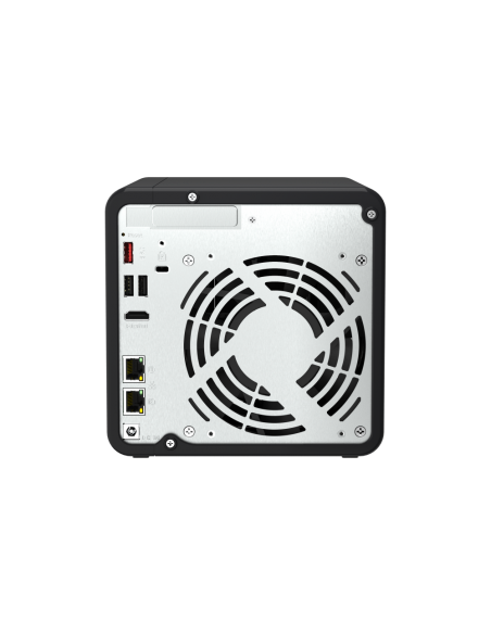 QNAP 4-Bay desktop NAS, Intel Celeron quad-core, 8GB RAM, 4x SATA bays, 2x M.2 slots, 2x 2.5GbE, HDMI, PCIe slot, USB ports.