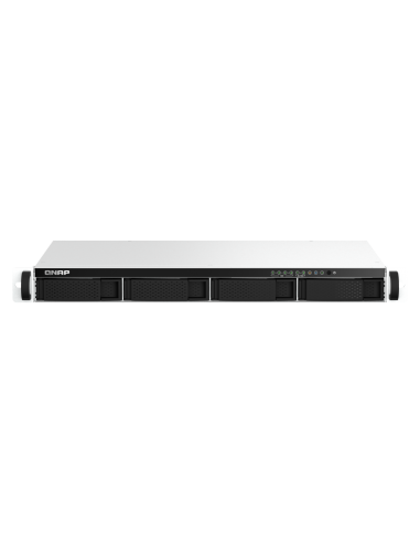 QNAP 1U 4-bay rackmount NAS, quad-core CPU, 8GB RAM, 4x3.5/2.5 SATA bays, 2.5GbE, HDMI, USB.