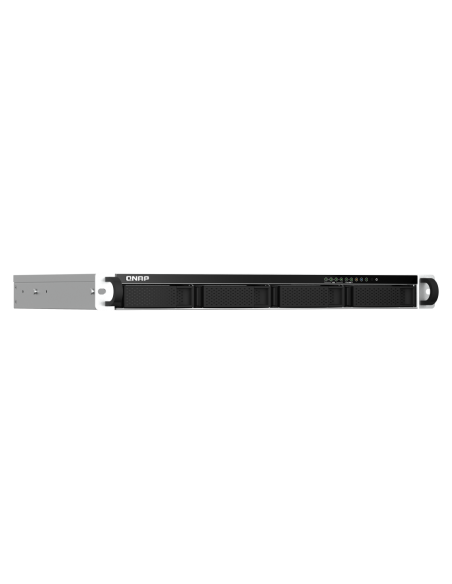 QNAP 1U 4-bay rackmount NAS, quad-core CPU, 8GB RAM, 4x3.5/2.5 SATA bays, 2.5GbE, HDMI, USB.